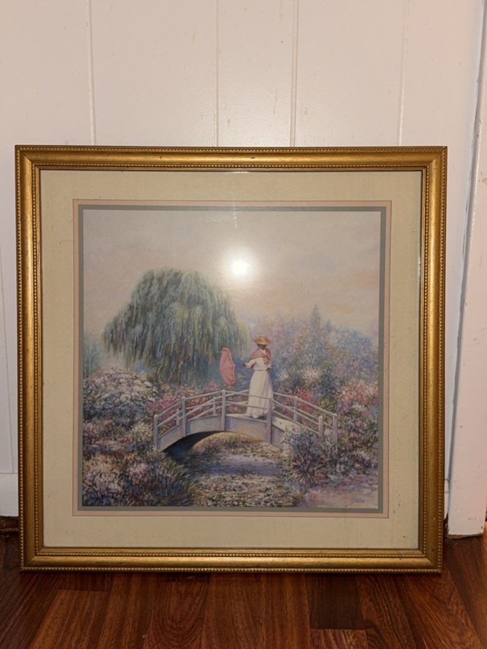 Vintage Framed Floral Landscape Print with Woman on Bridge in Pastel Hues